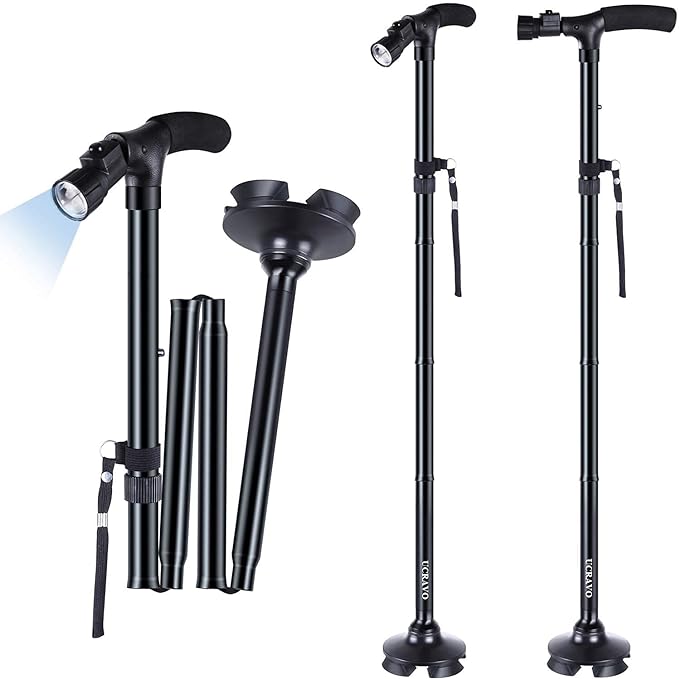 StepSafe Foldable Walking Stick with 360-Degree Pivoting Quad Base.