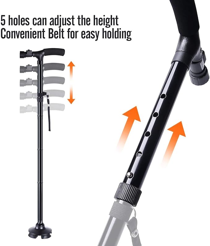 StepSafe Foldable Walking Stick with 360-Degree Pivoting Quad Base.